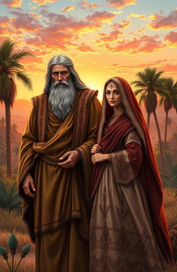 A beautifully detailed historical scene depicting Abraham and Sarah in an ancient Middle Eastern setting