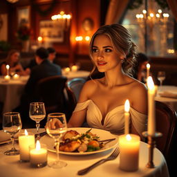 A beautiful woman enjoying a candlelight dinner, delicately dressed in an elegant evening gown, seated at a round table adorned with soft, flickering candles and a romantic table setting