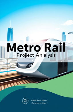 A cover page design for a project analysis report on a metro rail project, featuring a modern metro train in motion, sleek and futuristic city skyline in the background, with clear blue skies