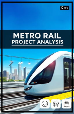 A cover page design for a project analysis report on a metro rail project, featuring a modern metro train in motion, sleek and futuristic city skyline in the background, with clear blue skies