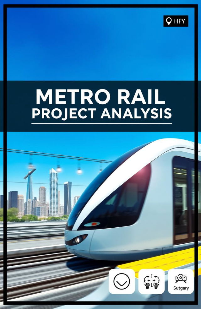 A cover page design for a project analysis report on a metro rail project, featuring a modern metro train in motion, sleek and futuristic city skyline in the background, with clear blue skies