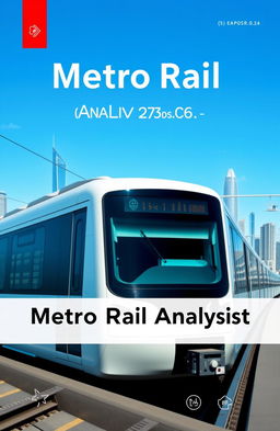 A cover page design for a project analysis report on a metro rail project, featuring a modern metro train in motion, sleek and futuristic city skyline in the background, with clear blue skies
