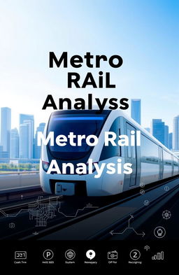 A cover page design for a project analysis report on a metro rail project, featuring a modern metro train in motion, sleek and futuristic city skyline in the background, with clear blue skies
