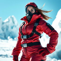 An attractive woman with a curvaceous figure, dressed in a heavy, shiny red arctic survival suit that emphasizes her physique, complete with a rebreather mask designed for frigid conditions