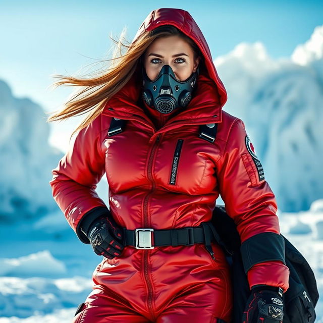 An attractive woman with a curvaceous figure, dressed in a heavy, shiny red arctic survival suit that emphasizes her physique, complete with a rebreather mask designed for frigid conditions