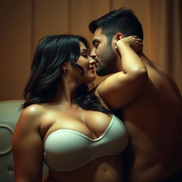 A sensual and intimate scene depicting a very beautiful woman with voluptuous curves, including big breasts and a full figure, engaging in an intimate encounter with a well-endowed man