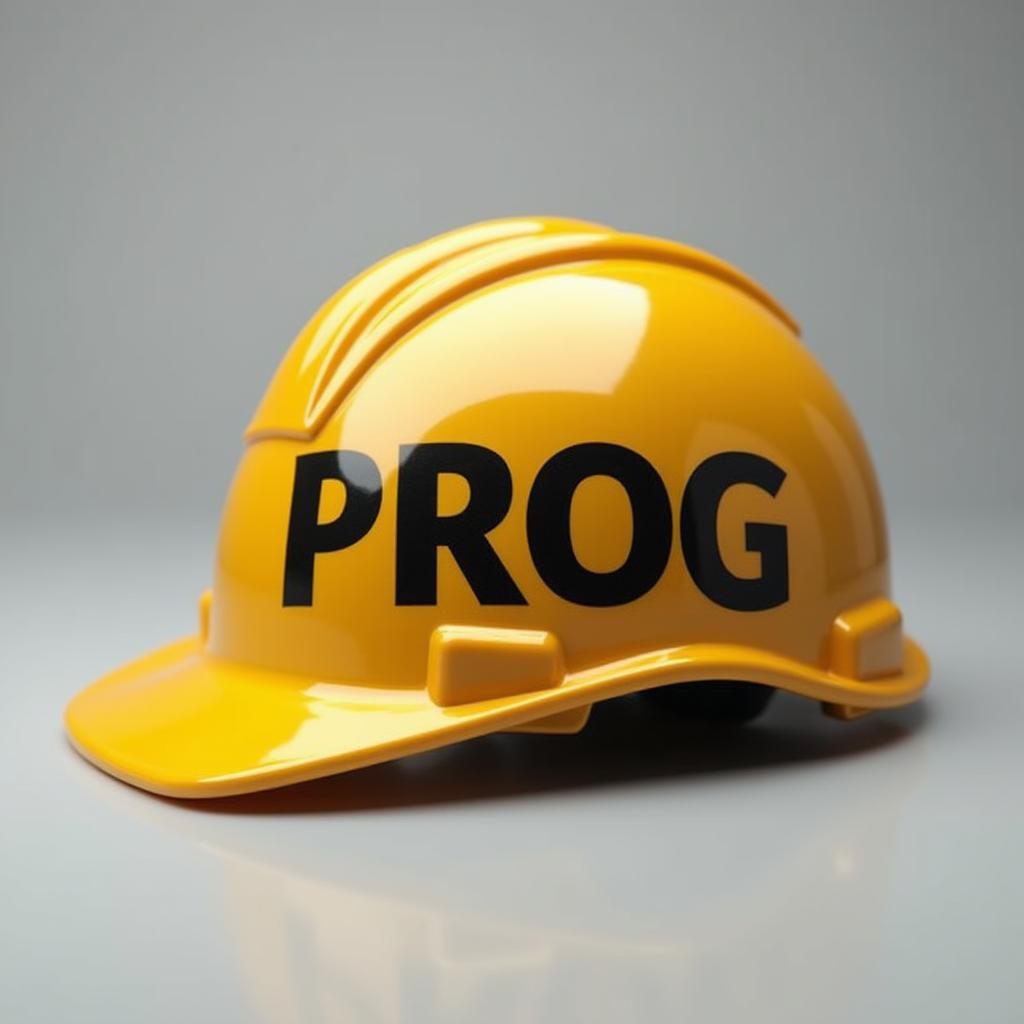 A side view of a golden work helmet with the word 'PROG' in bold black letters, set against a grey background