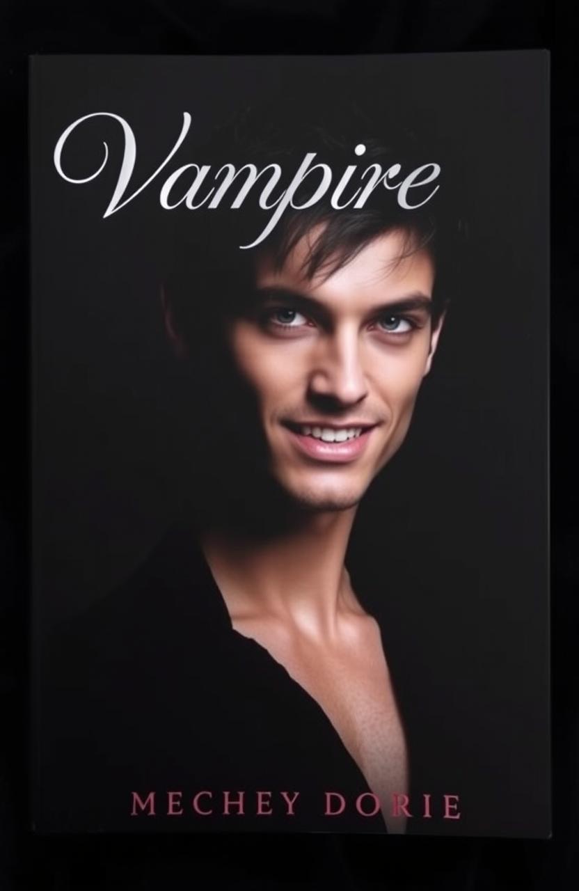 A striking black book cover featuring a handsome male vampire with chiseled features, deep, mesmerizing eyes, and a charming yet mysterious smile