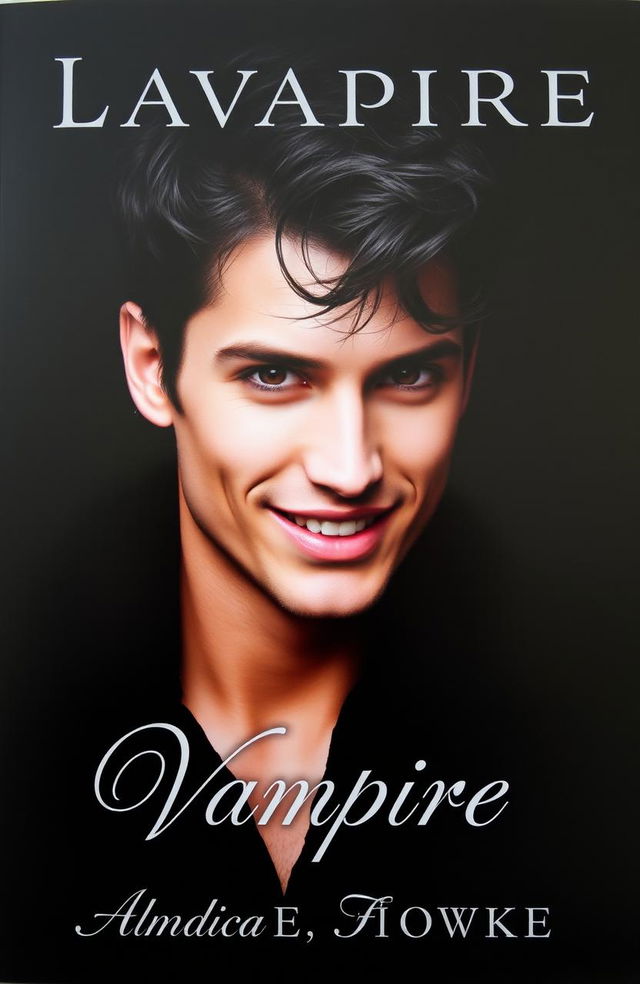 A striking black book cover featuring a handsome male vampire with chiseled features, deep, mesmerizing eyes, and a charming yet mysterious smile