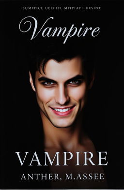 A striking black book cover featuring a handsome male vampire with chiseled features, deep, mesmerizing eyes, and a charming yet mysterious smile