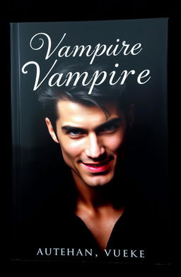 A striking black book cover featuring a handsome male vampire with chiseled features, deep, mesmerizing eyes, and a charming yet mysterious smile