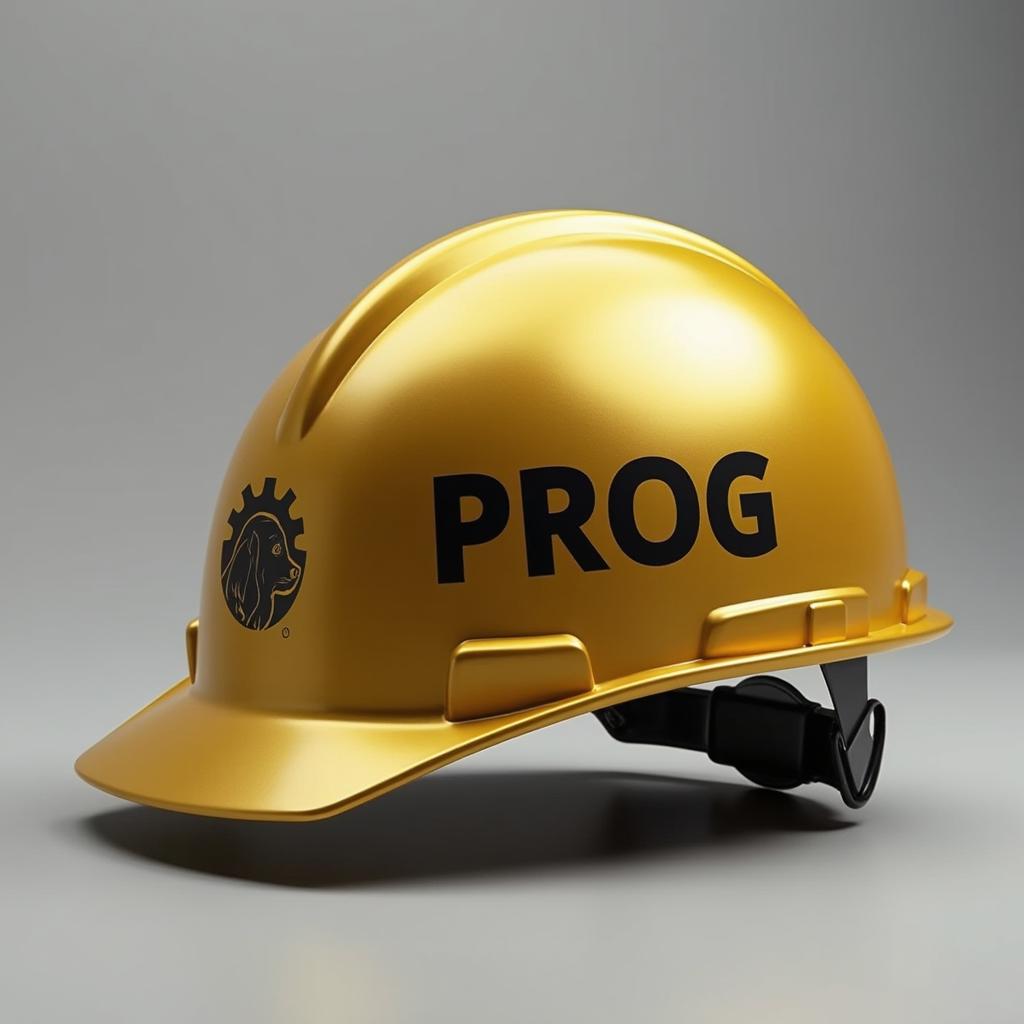 A side view of a golden work helmet featuring the word 'PROG' in medium bold black letters, accompanied by a cocker spaniel dog logo