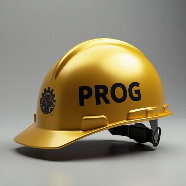 A side view of a golden work helmet featuring the word 'PROG' in medium bold black letters, accompanied by a cocker spaniel dog logo