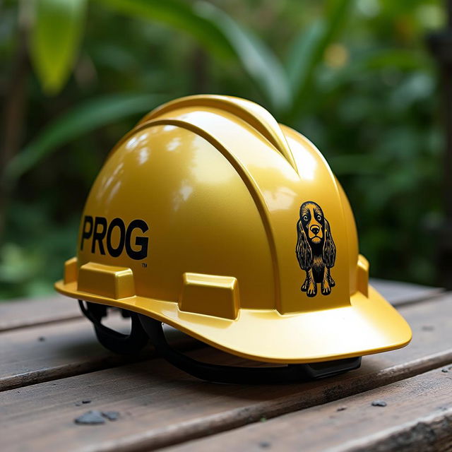 A side view of a golden and black work helmet with the word 'PROG' written in medium-sized black letters and a cocker spaniel dog logo