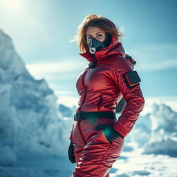 An attractive woman with an alluring figure, wearing a heavy, shiny red arctic survival suit that accentuates her curves, complete with a rebreather mask for extreme cold conditions