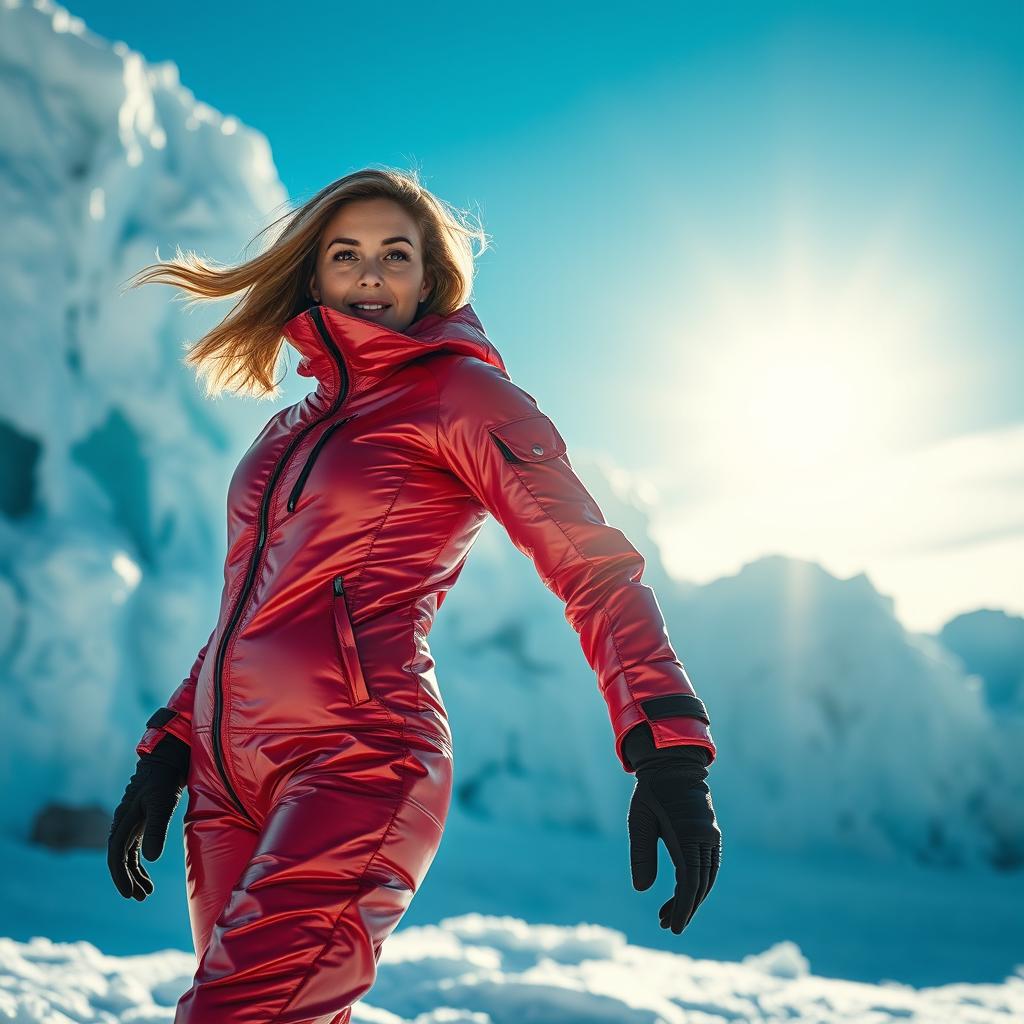 An attractive woman with an alluring figure, wearing a heavy, shiny red arctic survival suit that accentuates her curves, complete with a rebreather mask for extreme cold conditions