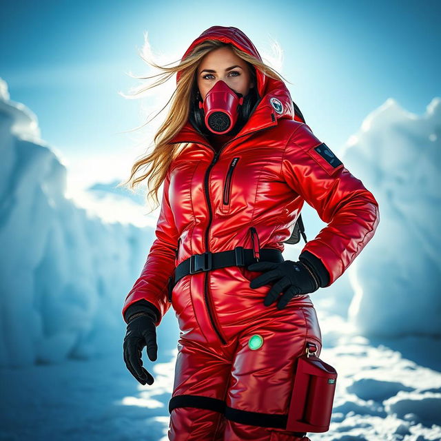 An attractive woman with an alluring figure, wearing a heavy, shiny red arctic survival suit that accentuates her curves, complete with a rebreather mask for extreme cold conditions