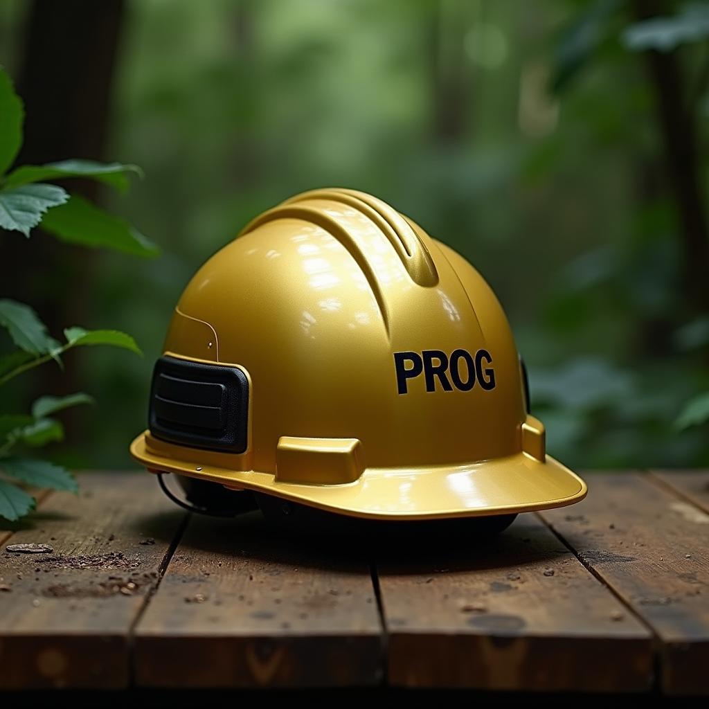 A golden work helmet with black accents on the sides, featuring the word 'PROG' in medium-sized black letters