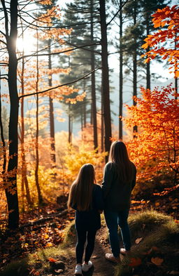 A stunning autumn forest landscape in Scotland, featuring a beautiful couple enjoying nature amidst rich hues of yellow, orange, and red foliage