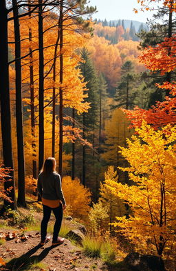 A stunning autumn forest landscape in Scotland, featuring a beautiful couple enjoying nature amidst rich hues of yellow, orange, and red foliage