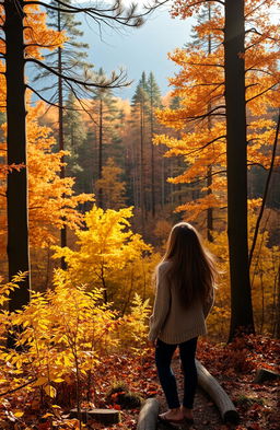 A stunning autumn forest landscape in Scotland, featuring a beautiful couple enjoying nature amidst rich hues of yellow, orange, and red foliage