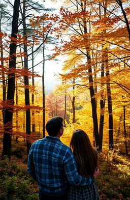 A stunning autumn forest landscape in Scotland, featuring a beautiful couple enjoying nature amidst rich hues of yellow, orange, and red foliage