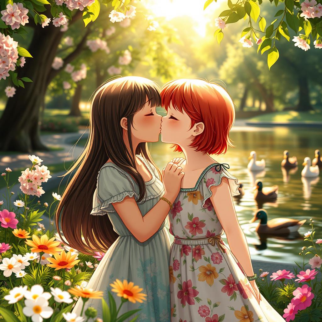 A tender scene depicting two girls sharing a sweet kiss in a beautiful park