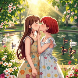A tender scene depicting two girls sharing a sweet kiss in a beautiful park