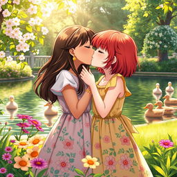 A tender scene depicting two girls sharing a sweet kiss in a beautiful park