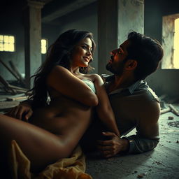 A sensual and artistic depiction of an Indian woman with striking characteristics reminiscent of Nushrat Bharucha in a dramatic scene set in a dimly lit, under-construction building