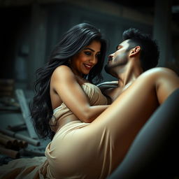 A sensual and artistic depiction of an Indian woman with striking characteristics reminiscent of Nushrat Bharucha in a dramatic scene set in a dimly lit, under-construction building