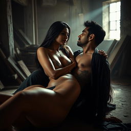 A sensual and artistic depiction of an Indian woman with striking characteristics reminiscent of Nushrat Bharucha in a dramatic scene set in a dimly lit, under-construction building
