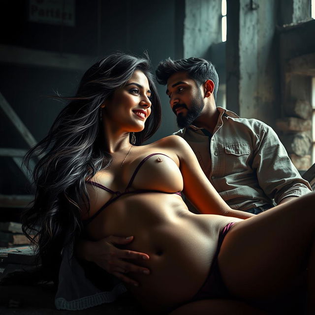 A sensual and artistic depiction of an Indian woman with striking characteristics reminiscent of Nushrat Bharucha in a dramatic scene set in a dimly lit, under-construction building