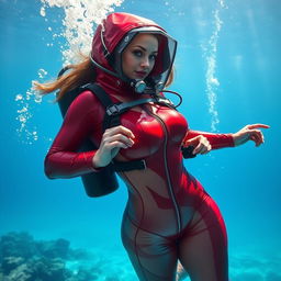 An attractive woman with a voluptuous figure, wearing a shiny red cold water immersion suit that showcases her curves, equipped with a rebreather for underwater exploration