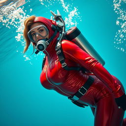 An attractive woman with a voluptuous figure, wearing a shiny red cold water immersion suit that showcases her curves, equipped with a rebreather for underwater exploration