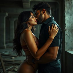 A sensual and evocative portrayal of an Indian woman with features similar to Nushrat Bharucha, depicted in an intimate yet artistic setting