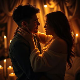 A dramatic and intense scene featuring a passionate moment between a young couple embracing each other in an intimate setting