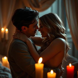 A dramatic and intense scene featuring a passionate moment between a young couple embracing each other in an intimate setting