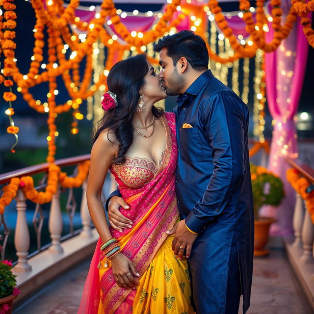 A sultry Indian woman resembling Nushrat Bharucha, dressed in a colorful traditional Indian outfit, is making out with an Indian man on a beautifully decorated terrace during an Indian wedding