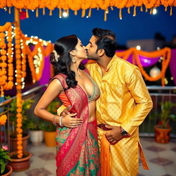 A sultry Indian woman resembling Nushrat Bharucha, dressed in a colorful traditional Indian outfit, is making out with an Indian man on a beautifully decorated terrace during an Indian wedding