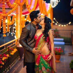 A sultry Indian woman resembling Nushrat Bharucha, dressed in a colorful traditional Indian outfit, is making out with an Indian man on a beautifully decorated terrace during an Indian wedding