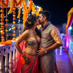A sultry Indian woman resembling Nushrat Bharucha, dressed in a colorful traditional Indian outfit, is making out with an Indian man on a beautifully decorated terrace during an Indian wedding
