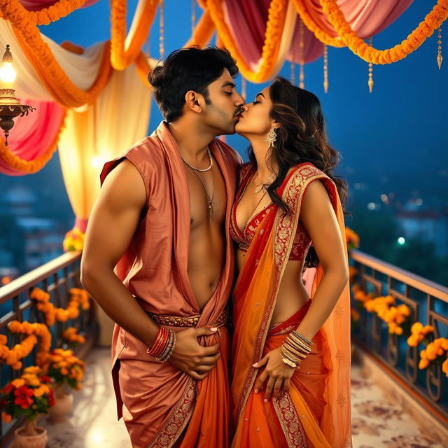 A sultry Indian woman resembling Nushrat Bharucha, dressed in a stunning chiffon sleeveless choli, is making out with an Indian man on a beautifully adorned terrace during an extravagant Indian wedding