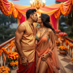 A sultry Indian woman resembling Nushrat Bharucha, dressed in a stunning chiffon sleeveless choli, is making out with an Indian man on a beautifully adorned terrace during an extravagant Indian wedding