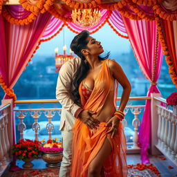 A sultry Indian woman resembling Nushrat Bharucha, dressed in a stunning chiffon sleeveless choli, is making out with an Indian man on a beautifully adorned terrace during an extravagant Indian wedding