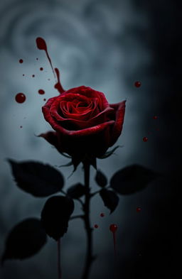 A striking composition featuring a deep crimson rose at the center, surrounded by vivid blood splatters that contrast sharply with the flower's rich red petals