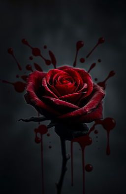 A striking composition featuring a deep crimson rose at the center, surrounded by vivid blood splatters that contrast sharply with the flower's rich red petals
