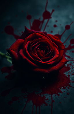 A striking composition featuring a deep crimson rose at the center, surrounded by vivid blood splatters that contrast sharply with the flower's rich red petals