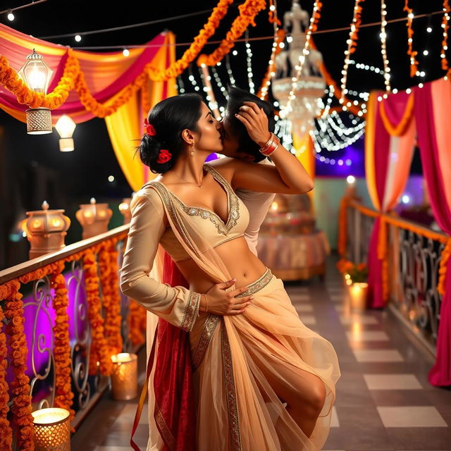 A sultry Indian woman resembling Nushrat Bharucha, elegantly dressed in a chiffon sleeveless choli and a low waist lehenga, is passionately making out with an Indian man on a beautifully decorated terrace during an extravagant Indian wedding