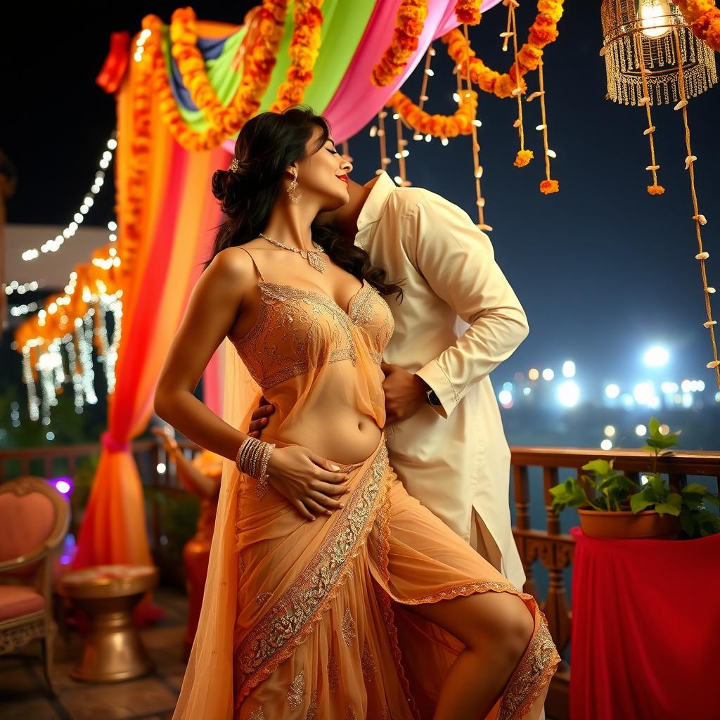 A sultry Indian woman resembling Nushrat Bharucha, elegantly dressed in a chiffon sleeveless choli and a low waist lehenga, is passionately making out with an Indian man on a beautifully decorated terrace during an extravagant Indian wedding